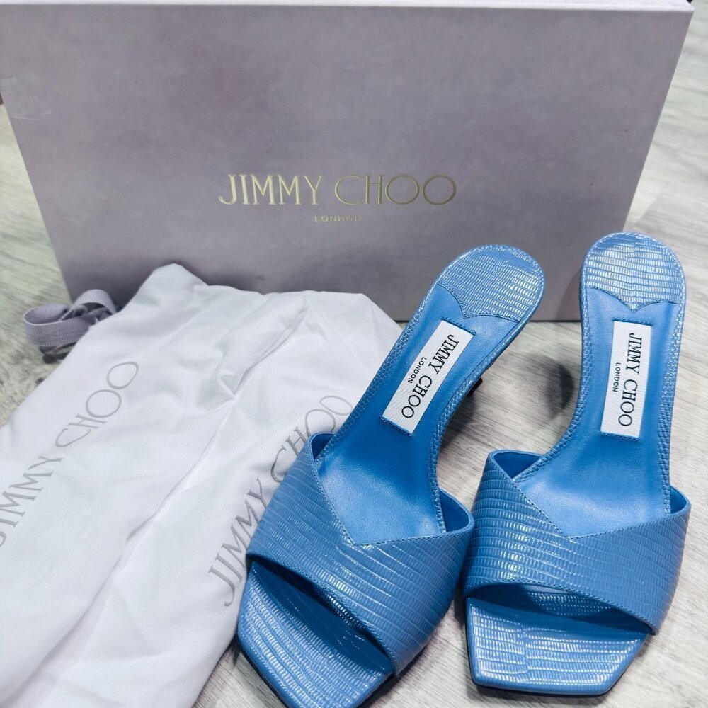 NWT Jimmy Choo Skye 70 Denim Blue Lizard Leather Mules EU 36.5 US 6.5 MSRP $850